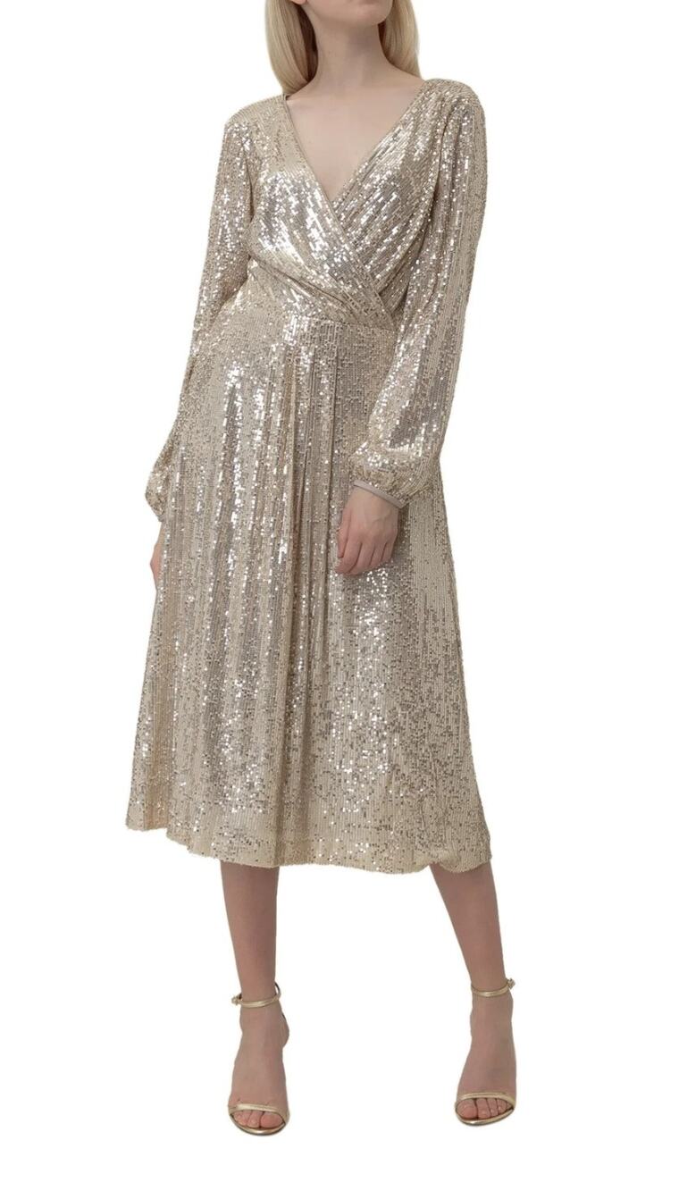 Lauren Ralph Lauren Bowen gold sequin midi dress Size 4 Glam Fairy New Years